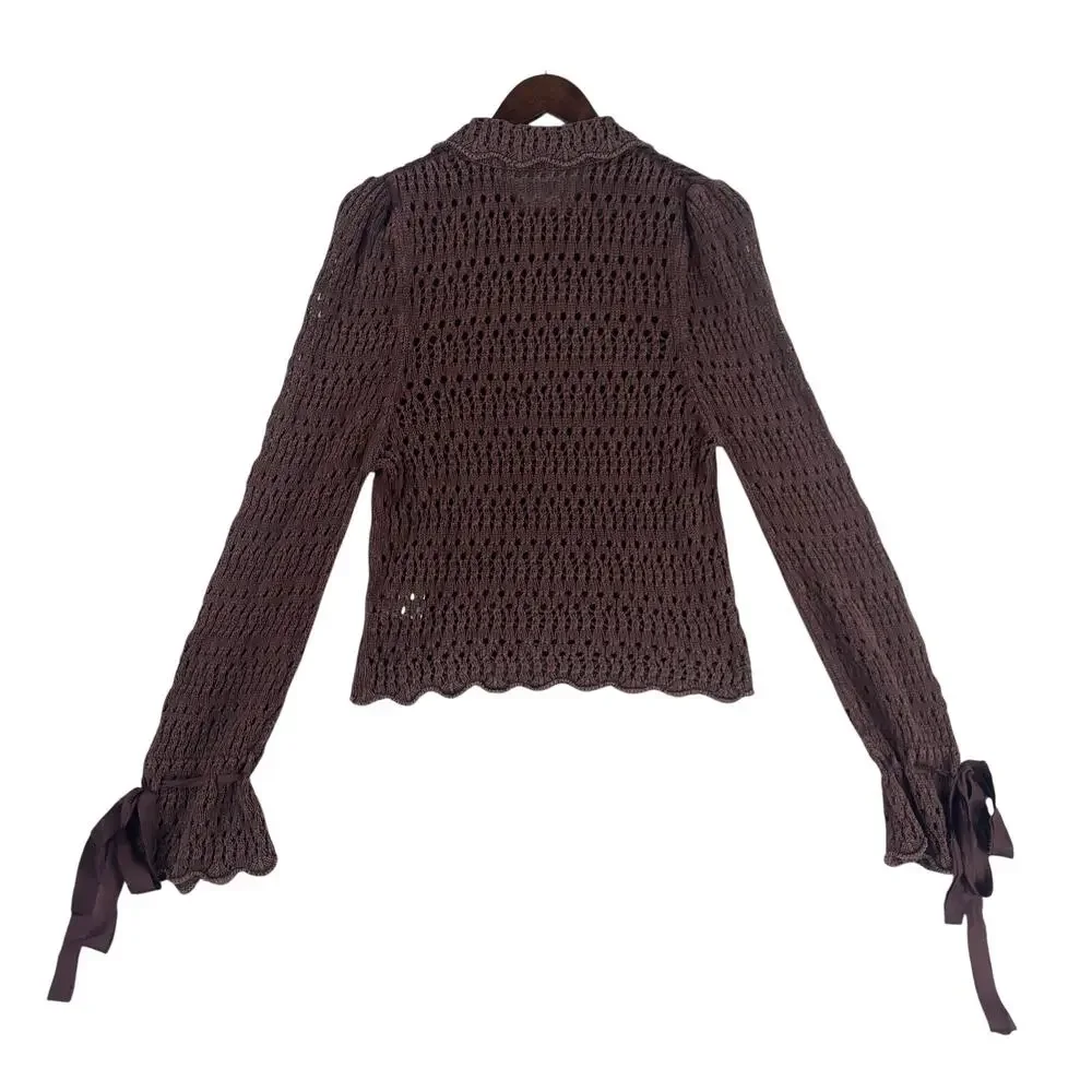 Free People Womens Pointelle Pullover Chicory Coffee Sweater SZ M Ribbon Cuff